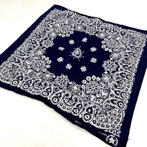 Vintage Navy Blue Bandana Paisley 100% Cotton Handkerchief‎ Made in USA RN 15187